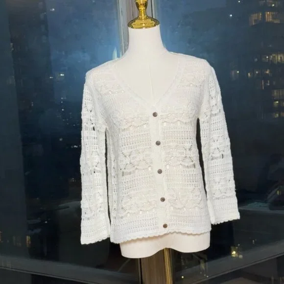 🆕 FARM Rio 🧿 NWOT White Crochet Button Up Cardigan Sweater, Sz S - Picture 3 of 15